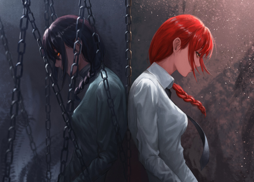 2girls absurdres back-to-back black_hair black_necktie braid braided_ponytail chain chainsaw_man collared_shirt dual_persona grey_sweater hair_over_shoulder highres looking_to_the_side luxearte makima_(chainsaw_man) medium_hair multiple_girls nayuta_(chainsaw_man) necktie red_hair reincarnation shirt sweater white_shirt