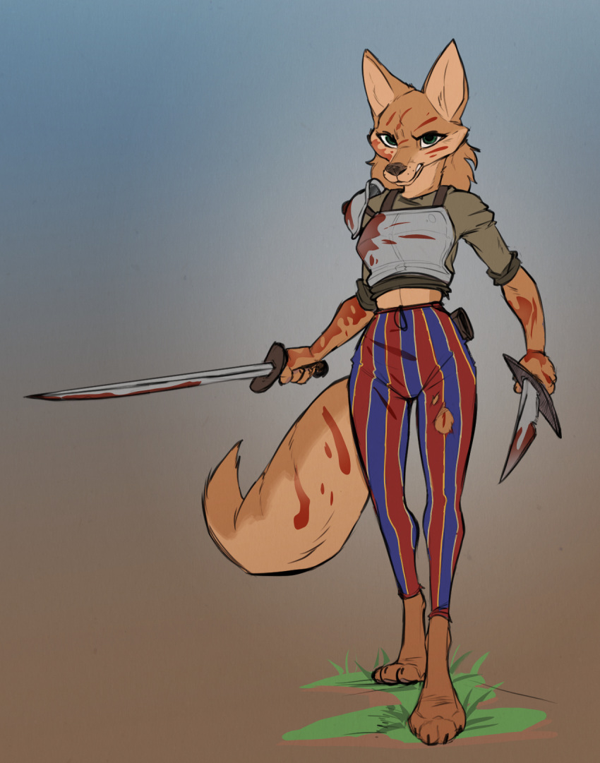 anthro armor blood bodily_fluids canid canine clothed clothing digital_media_(artwork) digitigrade female fox hi_res holding_object holding_weapon katlek looking_at_viewer mammal melee_weapon simple_background solo sword weapon