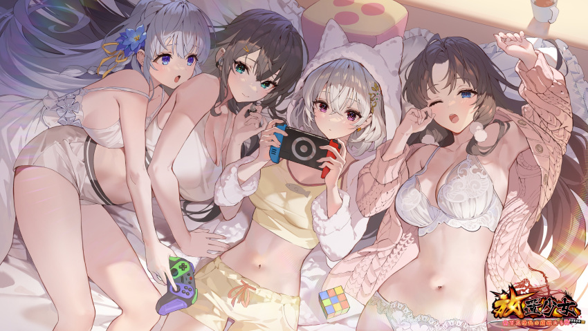 4girls ;o absurdres animal_ears animal_hood arm_up armpits bare_shoulders blue_eyes bra breasts brown_hair brown_jacket character_request cleavage crop_top dress earrings fake_animal_ears hand_up highres hood hooded_jacket houchi_shoujo jacket jewelry large_breasts lingerie long_hair long_sleeves looking_at_viewer lying medium_breasts midriff multiple_girls navel nintendo_switch on_back one_eye_closed open_clothes open_jacket open_mouth purple_eyes shirt short_shorts shorts sleeveless sleeveless_shirt stomach teffish thighs underwear very_long_hair white_bra white_dress white_hair white_jacket white_shirt white_shorts yellow_shirt yellow_shorts