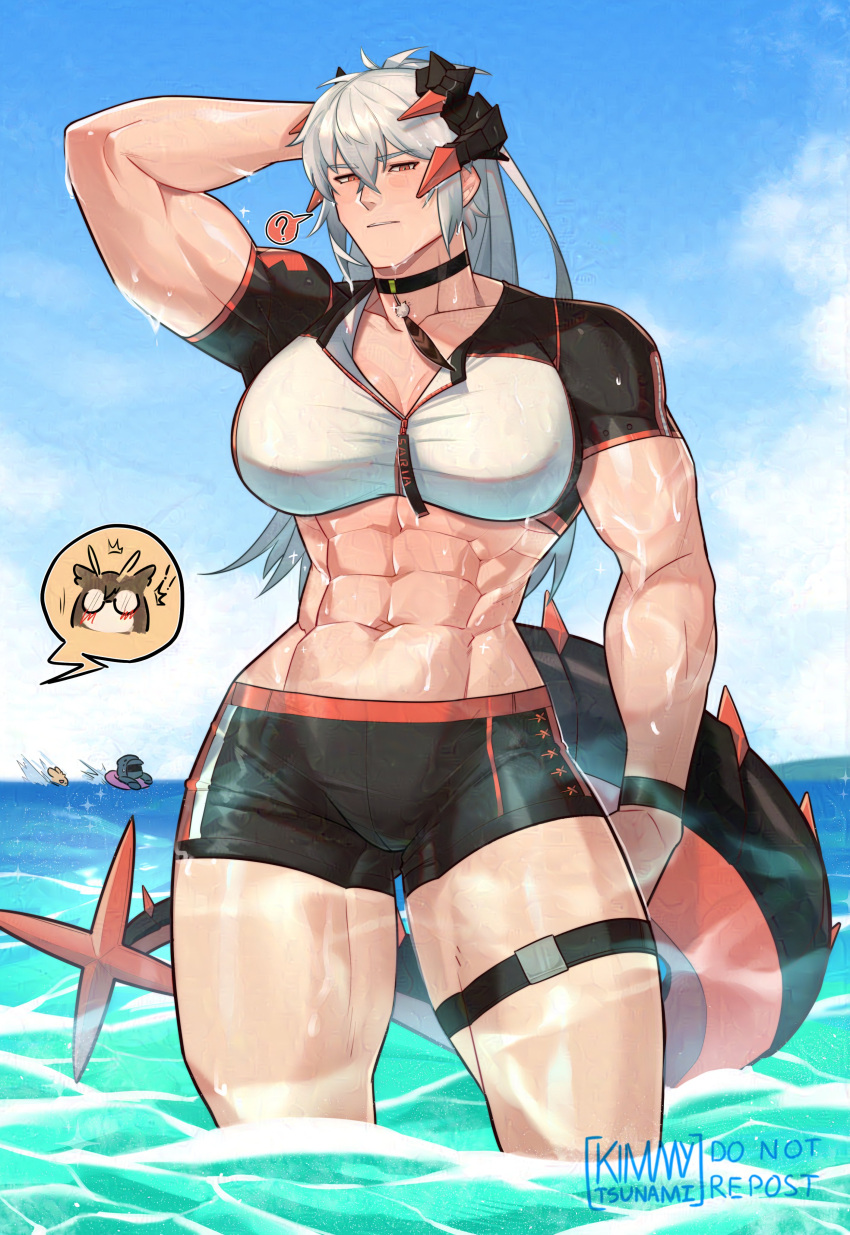 1boy 2girls ? abs absurdres arknights beach blue_sky blush breasts choker cleavage cloud demon_horns doctor_(arknights) highres horns kimmy_tsunami long_hair male_doctor_(arknights) multiple_girls muscular muscular_female ocean red_eyes saria_(arknights) silence_(arknights) sky tail thick_thighs thighs wet white_hair yuri