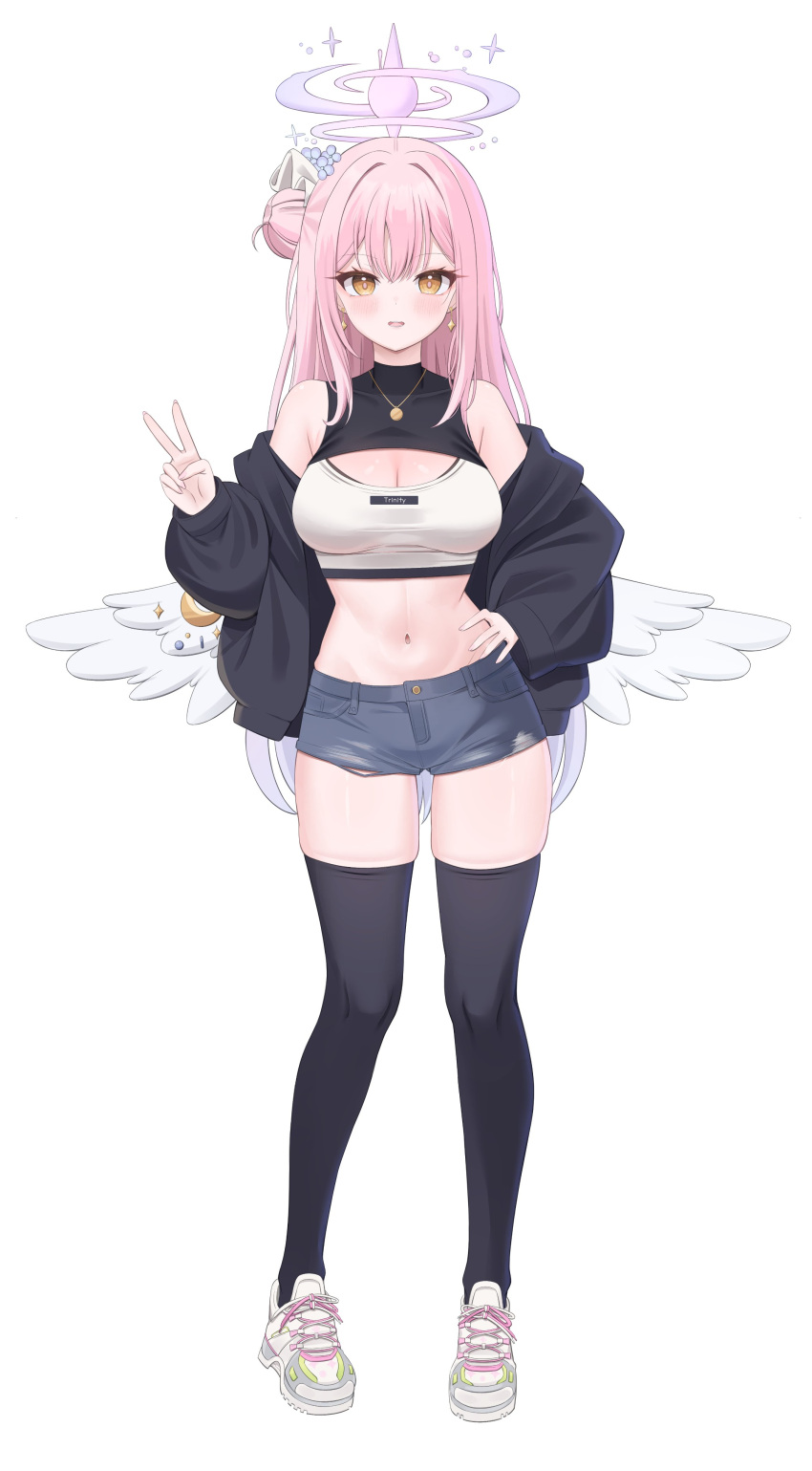 1girl absurdres bare_shoulders black_thighhighs blue_archive blue_shorts blush breasts cleavage clothes_writing covered_collarbone denim denim_shorts earrings feathered_wings full_body hair_bun halo hand_on_own_hip hand_up highres hiyayo25 jewelry legs_apart long_hair long_sleeves looking_at_viewer low_wings medium_breasts mika_(blue_archive) multicolored_hair navel pink_hair shoes short_shorts shorts single_hair_bun sneakers solo thighhighs thighs v very_long_hair white_footwear white_wings wing_ornament wings yellow_eyes