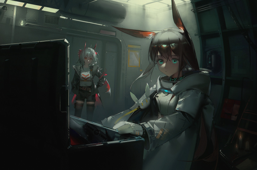 2girls absurdres amiya_(arknights) animal_ears aqua_eyes arknights arms_behind_back black_jacket black_shorts black_thighhighs boboyo brown_hair chinese_commentary closed_mouth commentary_request gloves highres horns indoors jacket long_hair long_sleeves looking_at_viewer medium_hair multiple_girls open_clothes open_jacket rabbit_ears red_eyes shirt shorts standing thighhighs w_(arknights) white_gloves white_hair white_jacket white_shirt