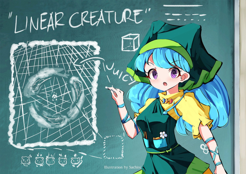 1girl apron aqua_hair aqua_ribbon arm_ribbon blue_hair chalk chalkboard classroom commentary cube dress english_commentary english_text flower gameplay_mechanics green_apron green_headwear haniyasushin_keiki head_scarf highres holding jewelry lasers leaning_forward long_hair looking_at_viewer magatama magatama_necklace necklace open_mouth otter pearl_necklace purple_eyes ribbon sachisudesu scoring single_strap solo standing talking tools touhou wily_beast_and_weakest_creature writing yellow_dress