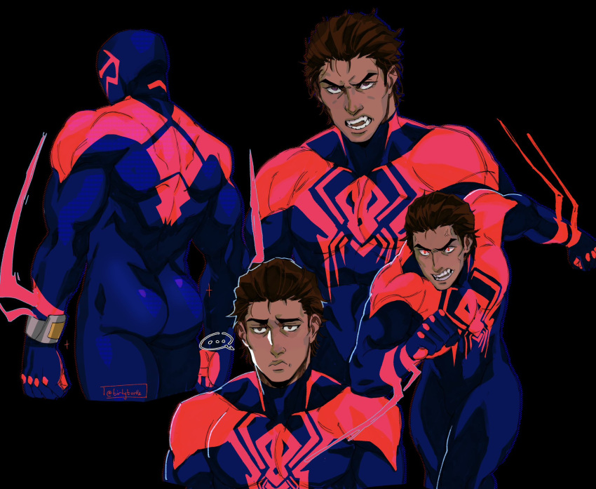 ... animal_print arm_blade ass bara blue_bodysuit bodysuit broad_shoulders brown_hair dark-skinned_male dark_skin fangs glowing glowing_eyes hair_slicked_back highres male_focus marvel miguel_o'hara muscular muscular_male pectorals print_bodysuit red_bodysuit red_eyes short_hair spider-man:_across_the_spider-verse spider-man_(series) spider_print spoken_ellipsis tirtyturtle two-tone_bodysuit weapon