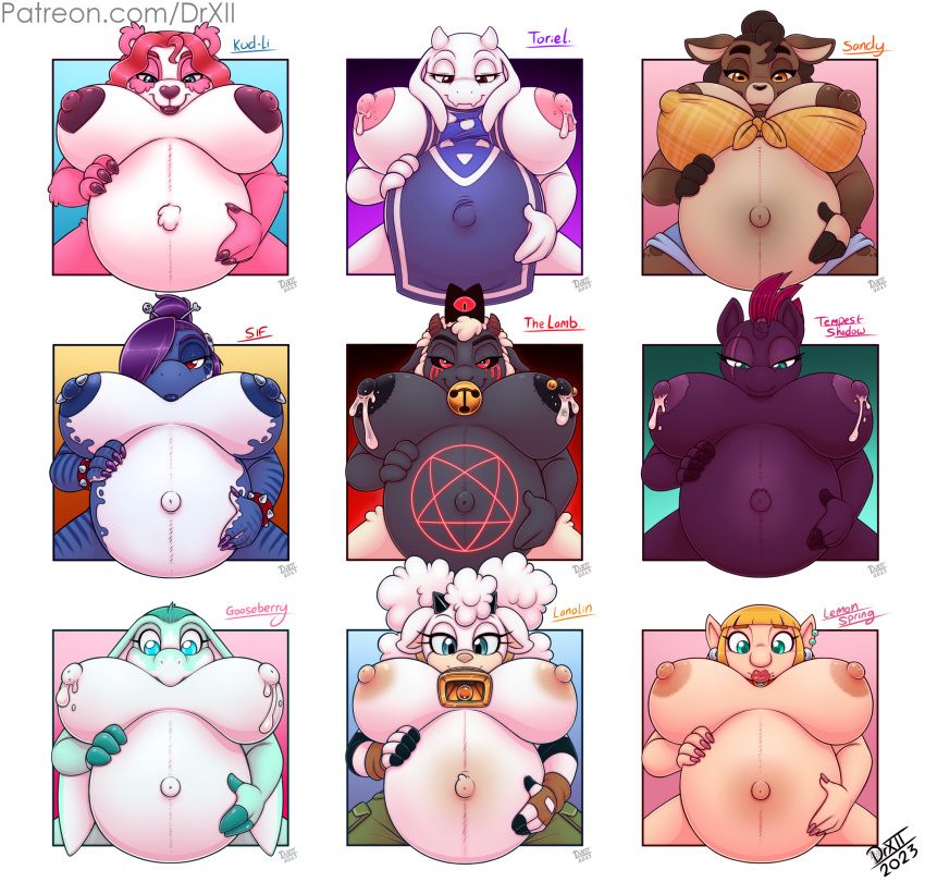 anthro bear bell bell_collar belly big_belly big_breasts bodily_fluids boss_monster bovid breasts caprine claws clothed clothing collar cult_of_the_lamb digital_media_(artwork) drxii elf english_text equid equine female friendship_is_magic fur giant_panda gooseberry_kobold hair hasbro headgear hi_res horn horse huge_breasts humanoid humanoid_pointy_ears idw_publishing kobold kobold_quest kud-li_(drxii) lactating lamb_(cult_of_the_lamb) lanolin_the_sheep_(sonic) looking_at_viewer mammal milk multiple_images my_little_pony my_little_pony:_the_movie_(2017) navel nipple_piercing nipples non-mammal_breasts not_furry nude nushi piercing pink_body pink_fur pony pregnant pregnant_female red_crown_(cult_of_the_lamb) reptile scales scalie sega sheep sif_(drxii) simple_background smile solo sonic_the_hedgehog_(comics) sonic_the_hedgehog_(idw) sonic_the_hedgehog_(series) tempest_shadow_(mlp) text toriel undertale undertale_(series) unicorn url white_body white_fur wool_(fur)