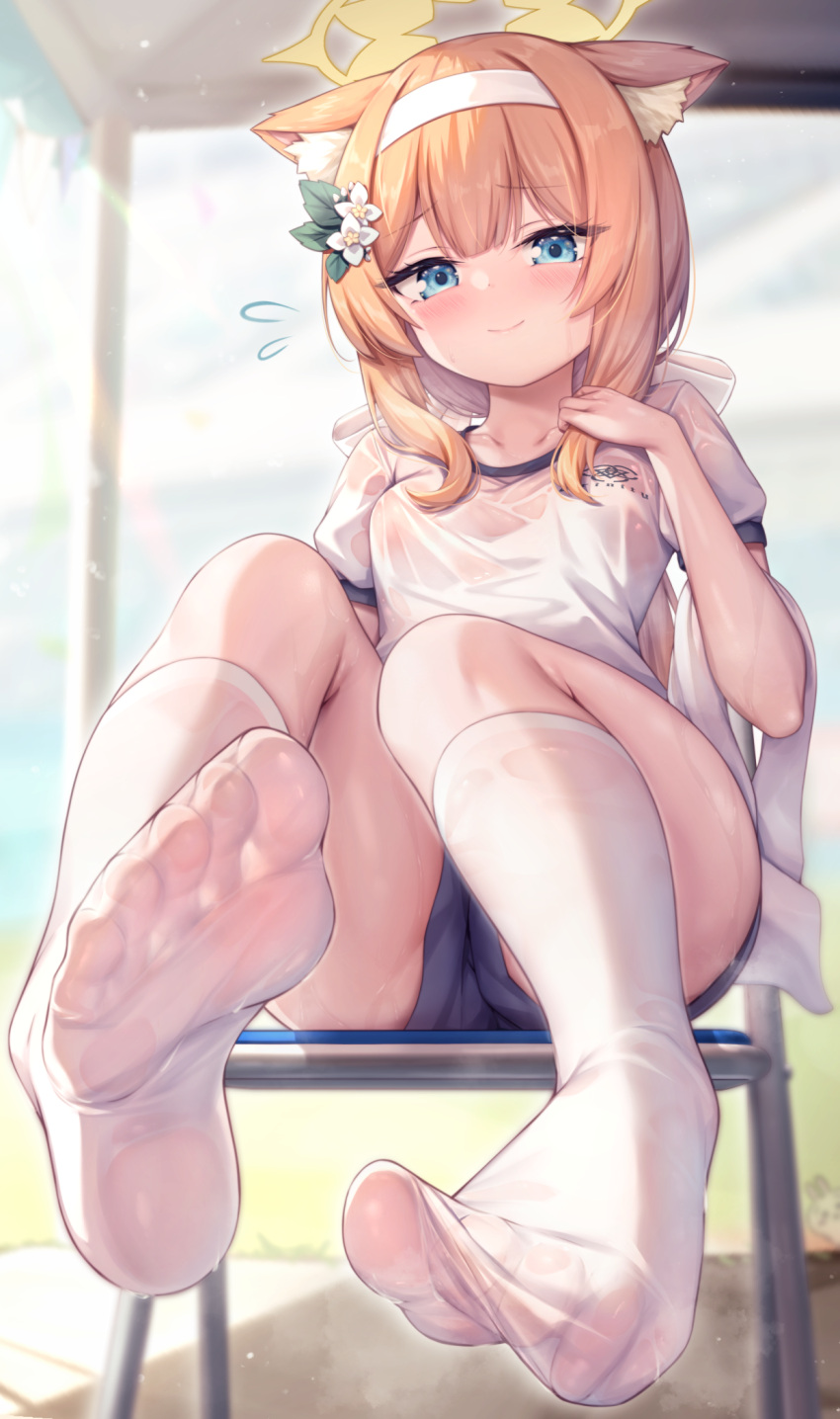 1girl arata_(xin) blue_archive blue_eyes closed_mouth feet foot_focus gym_uniform hairband halo highres mari_(blue_archive) mari_(gym_uniform)_(blue_archive) official_alternate_costume orange_hair shirt short_sleeves sitting smile solo white_hairband white_shirt