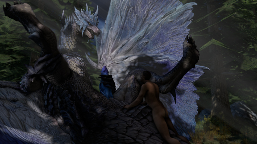 3d_(artwork) anal anal_penetration animal_genitalia bestiality blue_body blue_penis blue_scales blue_tongue blue_wings capcom claws digital_media_(artwork) dragon duo elder_dragon erection eye_contact feet feral feral_penetrated from_front_position genitals grass hair happy happy_sex hindpaw holding_leg horn human human_on_feral interspecies legs_up light light_beam looking_at_another lying male male/male male_on_feral male_penetrated male_penetrating male_penetrating_male mammal masturbating_while_penetrated masturbation membrane_(anatomy) membranous_wings missionary_position monster_hunter nude on_back open_mouth outside pawpads paws penetration penile penile_masturbation penile_penetration penis plant scales scalie sex sharp_claws sharp_teeth source_filmmaker spread_legs spreading sunbeam sunlight teeth toes tongue tree velkhana weekyle western_dragon wings yellow_eyes