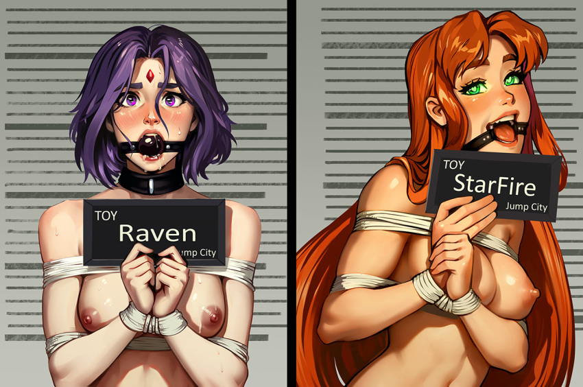 2girls ball_gag barbie_mugshot_(meme) blush breasts character_name dc_comics english_text gag gagged green_eyes hands_up heart heart-shaped_pupils holding holding_sign large_breasts long_hair looking_at_viewer meme multiple_girls nipples open_mouth orange_hair purple_eyes purple_hair raven_(dc) sane-person shiny_skin sign smile starfire sweat symbol-shaped_pupils teen_titans teeth tongue upper_body