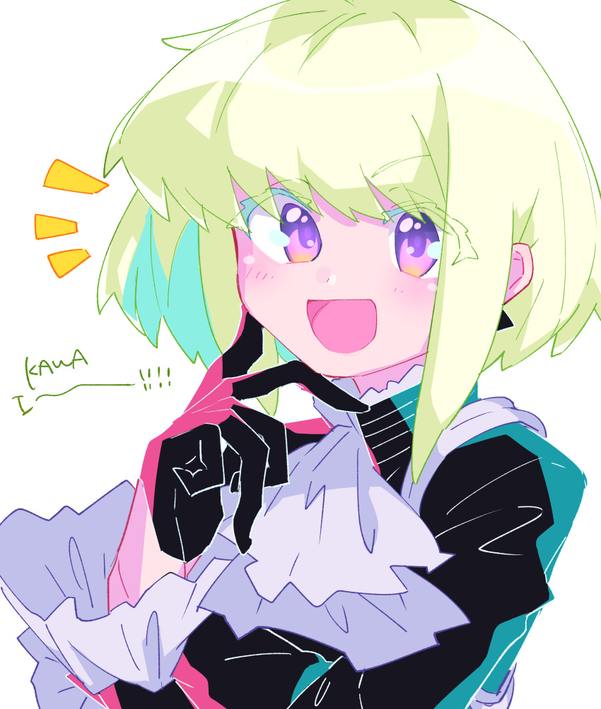 1boy :d absurdres ascot black_gloves black_jacket blonde_hair colored_eyelashes earrings frilled_sleeves frills gloves half_gloves hand_on_own_face highres jacket jewelry lio_fotia looking_at_viewer male_focus open_mouth otoko_no_ko promare purple_eyes short_hair sidelocks simple_background smile solo triangle_earrings white_ascot white_background yzyz630