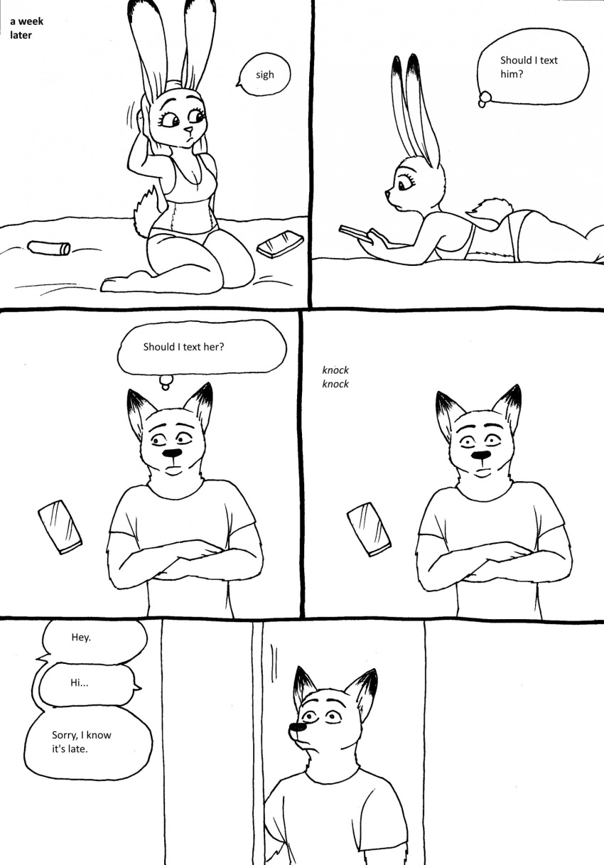 2023 5_fingers anthro barefoot bernielover bra breasts butt canid canine cellphone cleavage clothed clothing comic dialogue dildo disney duo english_text feet female fingers fox hi_res hindpaw humanoid_hands judy_hopps knocking lagomorph leporid lying male male/female mammal nick_wilde offscreen_character on_back on_front panties paws phone rabbit sex_toy smartphone speech_bubble teeth text toes underwear zootopia