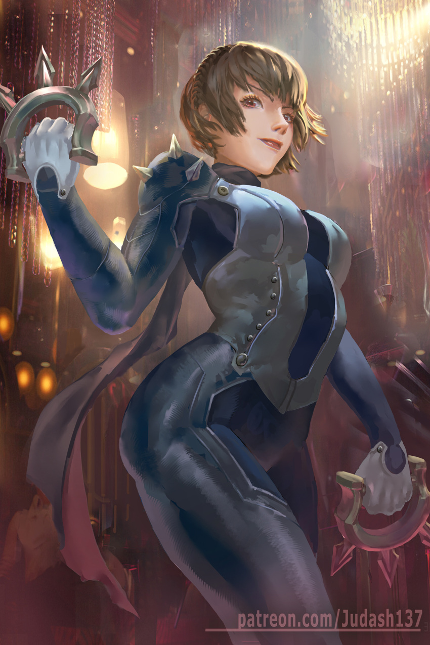 1girl biker_clothes bikesuit bodysuit braid breasts brown_hair crown_braid gloves highres judash137 long_scarf niijima_makoto persona persona_5 red_eyes short_hair shoulder_spikes skin_tight smile solo spiked_knuckles spikes thighs toned white_gloves