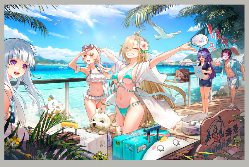 1boy 4girls :d absurdres arms_up arona's_sensei_doodle_(blue_archive) asuna_(blue_archive) bikini bird black_shirt blonde_hair blue_archive blue_bikini blue_eyes blue_shirt blue_shorts blue_sky breasts cloud day dog eyes_visible_through_hair eyewear_on_head floating_hair flower frilled_bikini frills grin hair_flower hair_ornament hifumi_(blue_archive) hifumi_(swimsuit)_(blue_archive) highres holding holding_tablet_pc large_breasts long_hair multiple_girls noa_(blue_archive) ocean one_eye_closed open_clothes open_shirt outdoors palm_leaf peroro_(blue_archive) ponytail purple_eyes purple_hair rolling_suitcase sandals sensei_(blue_archive) shirt short_shorts shorts sky smile suitcase sunglasses swimsuit ta03545 tablet_pc translation_request twintails very_long_hair white_bikini white_hair yellow_eyes yuuka_(blue_archive)