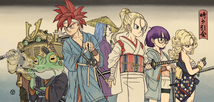 1other 3boys 3girls armor ayla_(chrono_trigger) bandaged_arm bandaged_chest bandaged_hand bandages black_kimono blonde_hair blue_eyes blue_hair blue_kimono blunt_bangs breasts chrono_trigger cowboy_shot crono_(chrono_trigger) curly_hair frog_(chrono_trigger) frog_boy glasses hat headband helmet highres holding holding_smoking_pipe holding_sword holding_weapon horizontal_pupils japanese_armor japanese_clothes kabuto_(helmet) katana kimono long_hair lucca_ashtear magus_(chrono_trigger) marle_(chrono_trigger) medium_breasts multiple_boys multiple_girls obi over_shoulder pointy_ears ponytail purple_hair purple_kimono red_hair robo_(chrono_trigger) robot sash short_hair single_bare_shoulder smoking smoking_pipe spiked_hair straw_hat sword toriyama_akira_(style) v-shaped_eyebrows weapon weapon_over_shoulder white_headband white_kimono yellow_eyes yuto_sakurai