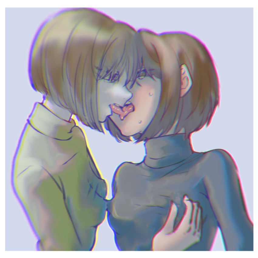 2girls aged_up alternate_costume arms_at_sides black_sweater blunt_ends bob_cut border breasts brown_hair chara_(undertale) chromatic_aberration commentary covered_nipples eye_contact face-to-face french_kiss frisk_(undertale) grabbing grabbing_another's_breast green_sweater guided_breast_grab guiding_hand hair_over_one_eye hand_on_another's_chest highres ikigai_(user_cdkm5358) kiss looking_at_another multiple_girls narrowed_eyes open_mouth pale_skin perky_breasts red_eyes short_hair simple_background small_breasts sweat sweater teeth tongue tongue_out turtleneck turtleneck_sweater undertale upper_body upper_teeth_only white_background white_border yellow_eyes yuri