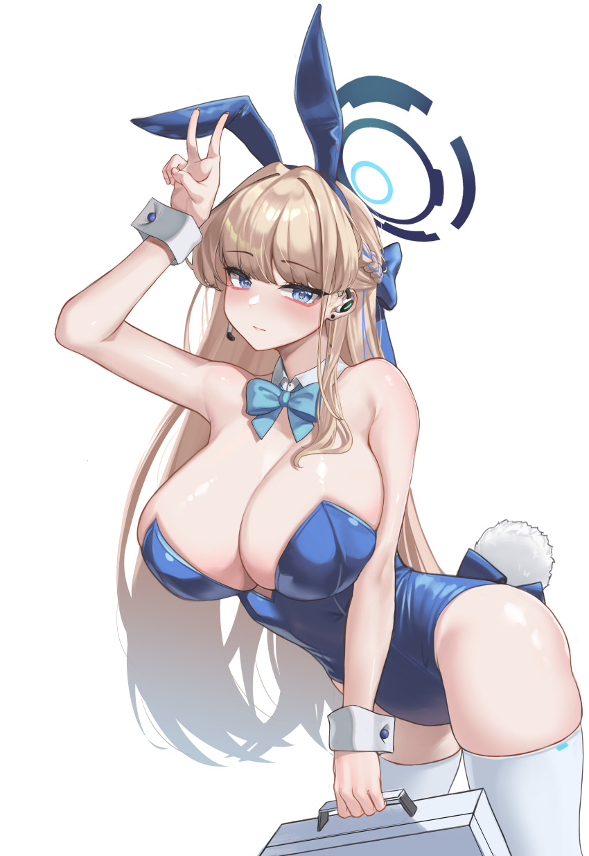 1girl absurdres animal_ears aqua_bow aqua_bowtie arm_up blue_archive blue_hairband blue_leotard blush bow bowtie braid breasts cleavage detached_collar fake_animal_ears fake_tail hairband halo highleg highleg_leotard highres holding_case large_breasts leotard long_hair looking_at_viewer official_alternate_costume playboy_bunny rabbit_ears rabbit_tail simple_background simsim_han-u solo strapless strapless_leotard tail thighhighs toki_(blue_archive) toki_(bunny)_(blue_archive) v white_background white_thighhighs white_wrist_cuffs