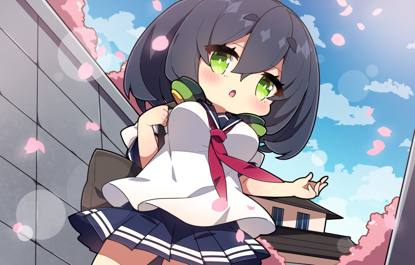 1girl :o black_hair blue_sailor_collar blue_skirt blue_sky blush breasts building cloud commentary_request day green_eyes hair_between_eyes hand_up headphones headphones_around_neck highres holding_strap kyoumachi_seika medium_breasts milkpanda neckerchief outdoors parted_lips petals pleated_skirt puffy_short_sleeves puffy_sleeves red_neckerchief sailor_collar school_uniform serafuku shirt short_eyebrows short_sleeves skirt sky solo thick_eyebrows voiceroid wall white_shirt window