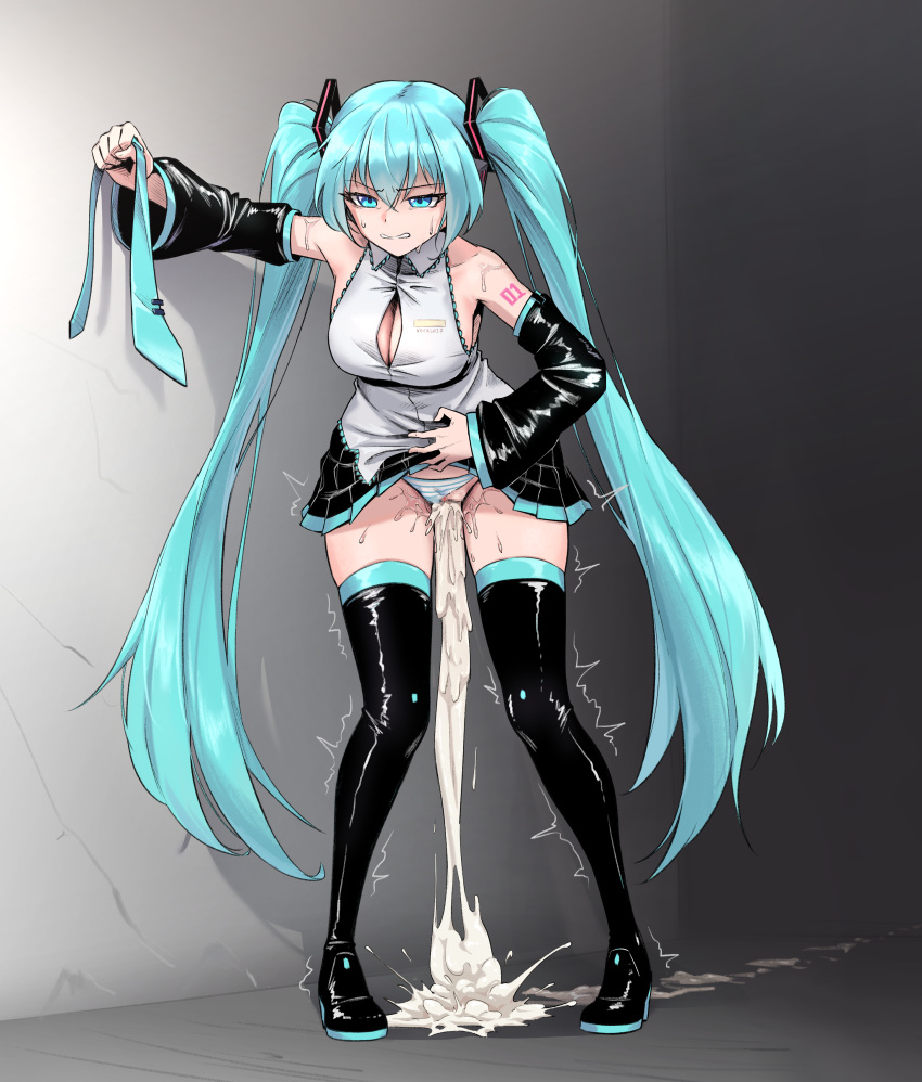 absurdres after_sex aqua_eyes aqua_hair boots breasts cleavage clothing_aside collared_shirt cum cum_in_pussy cum_overflow cumdrip detached_sleeves excessive_cum full_body grin hair_between_eyes hand_on_own_stomach hatsune_miku high_heel_boots high_heels highres holding_necktie hopping_cop long_hair necktie panties panties_aside partially_unbuttoned pleated_skirt pussy shirt skindentation skirt sleeveless sleeveless_shirt smile striped striped_panties sweatdrop thigh_boots twintails twitching underwear unworn_necktie very_long_hair vocaloid