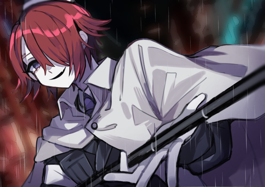 1boy black_headwear black_jacket blue_necktie cape collared_shirt commentary_request gloves hair_over_one_eye highres holding holding_whip jacket long_sleeves looking_at_viewer male_focus master_detective_archives:_rain_code necktie open_mouth purple_eyes rain red_hair shirt short_hair smile solo upper_body usapiyo_(usamaryuyo1) white_cape white_gloves white_shirt yomi_hellsmile