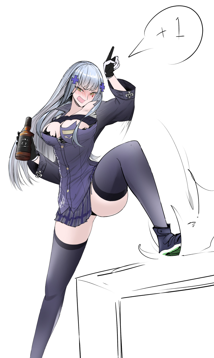 1girl absurdres black_gloves black_panties blue_thighhighs bottle breasts cleavage drunk foot_out_of_frame girls'_frontline gloves hair_ornament highres hk416_(girls'_frontline) holding holding_bottle jacket large_breasts long_hair long_sleeves panties pantyhose pleated_skirt purple_jacket simple_background skirt speech_bubble swavigg teardrop_tattoo thighhighs torn_clothes torn_jacket two-tone_gloves underwear upskirt white_background white_gloves white_hair