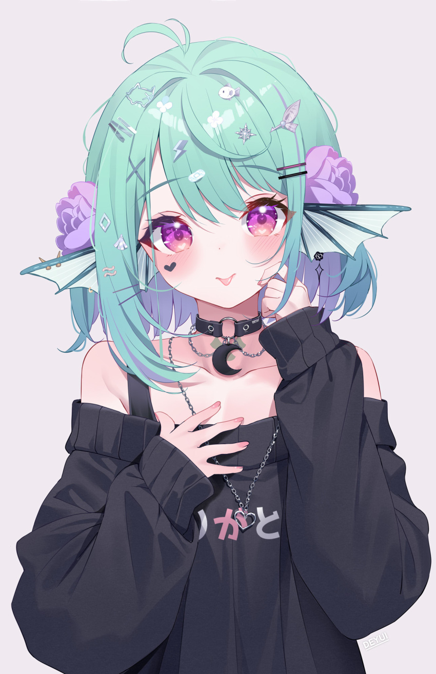 1girl :p bare_shoulders black_collar black_shirt blush closed_mouth clothes_writing collar collarbone commentary crescent deyui english_commentary finana_ryugu fins flower green_hair grey_background hair_between_eyes hair_flower hair_intakes hair_ornament hairclip head_fins highres long_hair long_sleeves looking_at_viewer nail_polish nijisanji nijisanji_en off-shoulder_shirt off_shoulder pink_nails puffy_long_sleeves puffy_sleeves purple_eyes purple_flower purple_rose rose shirt simple_background sleeves_past_wrists smile solo tongue tongue_out upper_body virtual_youtuber x_hair_ornament