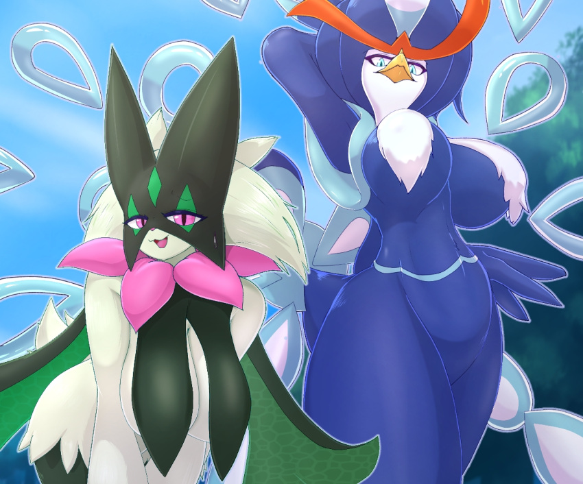 anthro avian beak big_breasts blue_body blue_eyes breasts duo ebino_senaka felid feline female fur generation_9_pokemon green_body green_fur looking_at_viewer mammal meowscarada nintendo pink_eyes pokemon pokemon_(species) quaquaval smile