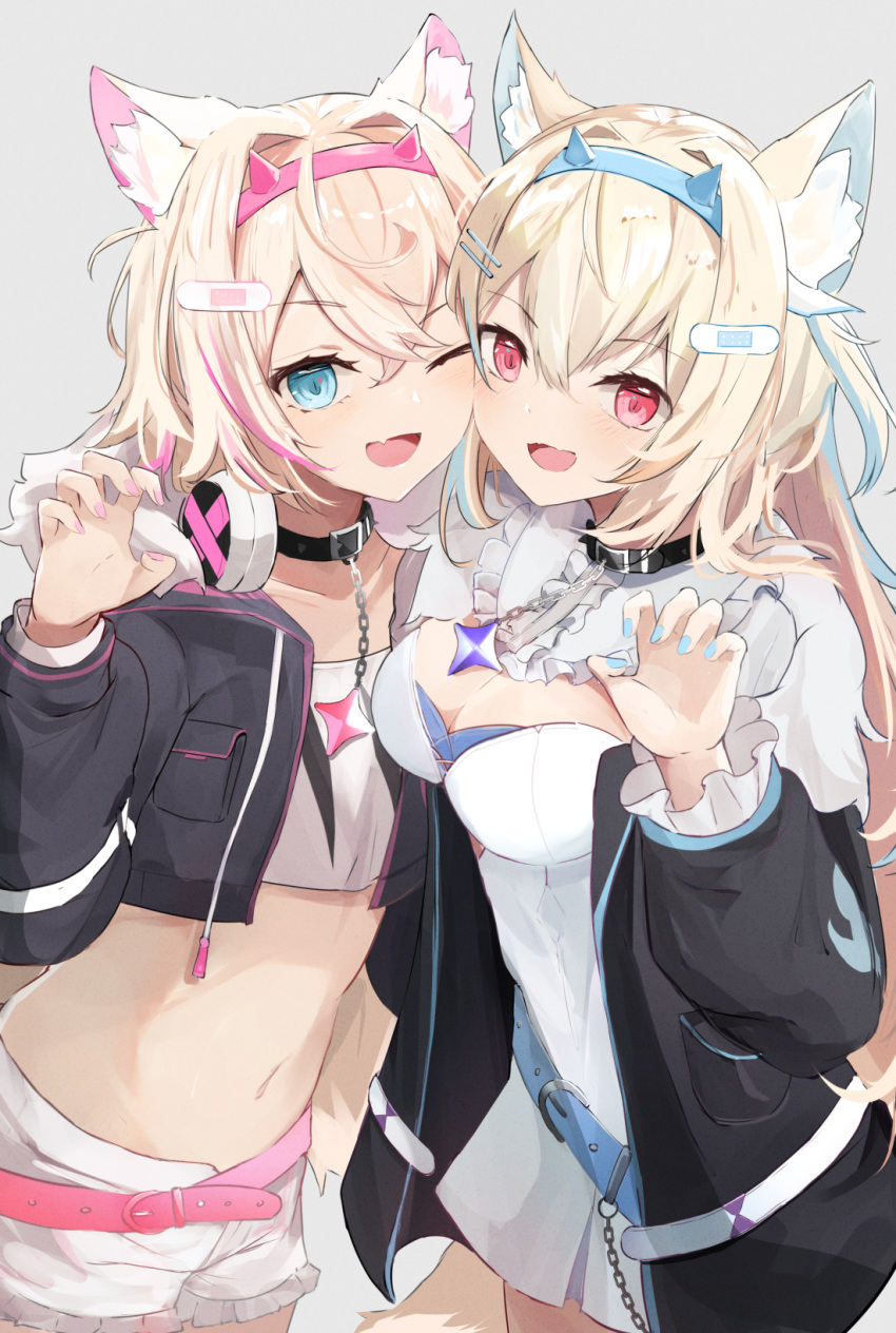 2girls animal_ears belt blonde_hair blue_eyes blue_nails breasts cheek-to-cheek claw_pose cleavage collarbone crop_top cropped_jacket dog_ears dog_girl dress flat_chest fur_trim fuwawa_abyssgard hair_between_eyes hair_ornament hairband heads_together highres hololive hololive_english jacket medium_breasts midriff mococo_abyssgard multiple_girls navel one_eye_closed pink_eyes pink_hair pink_nails short_hair shorts shuuzo3 siblings sisters twins virtual_youtuber white_dress