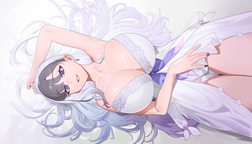 1girl absurdres azarashi_hapu black_nails blue_bow blue_hair blue_nails bow breasts dress earrings gradient_hair grey_hair highres huge_breasts jewelry light_blue_hair long_hair looking_at_viewer lying mole mole_on_breast mole_under_eye multicolored_hair multicolored_nails on_back open_clothes open_dress panties parted_bangs parted_lips purple_eyes second-party_source single_earring sohn_woohyoung solo thighs two-tone_hair underwear v-llage very_long_hair virtual_youtuber white_dress white_hair white_panties