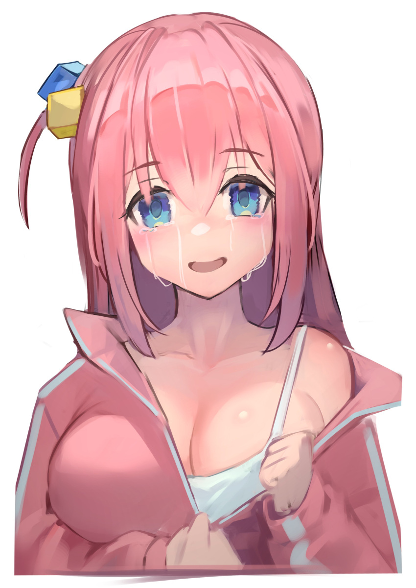 1girl absurdres bare_shoulders blue_eyes blush bocchi_the_rock! breasts cube_hair_ornament gotou_hitori hair_between_eyes hair_ornament hakusyokuto highres jacket large_breasts long_hair long_sleeves looking_at_viewer one_side_up open_mouth pink_hair pink_jacket pink_track_suit simple_background smile tears track_jacket white_background
