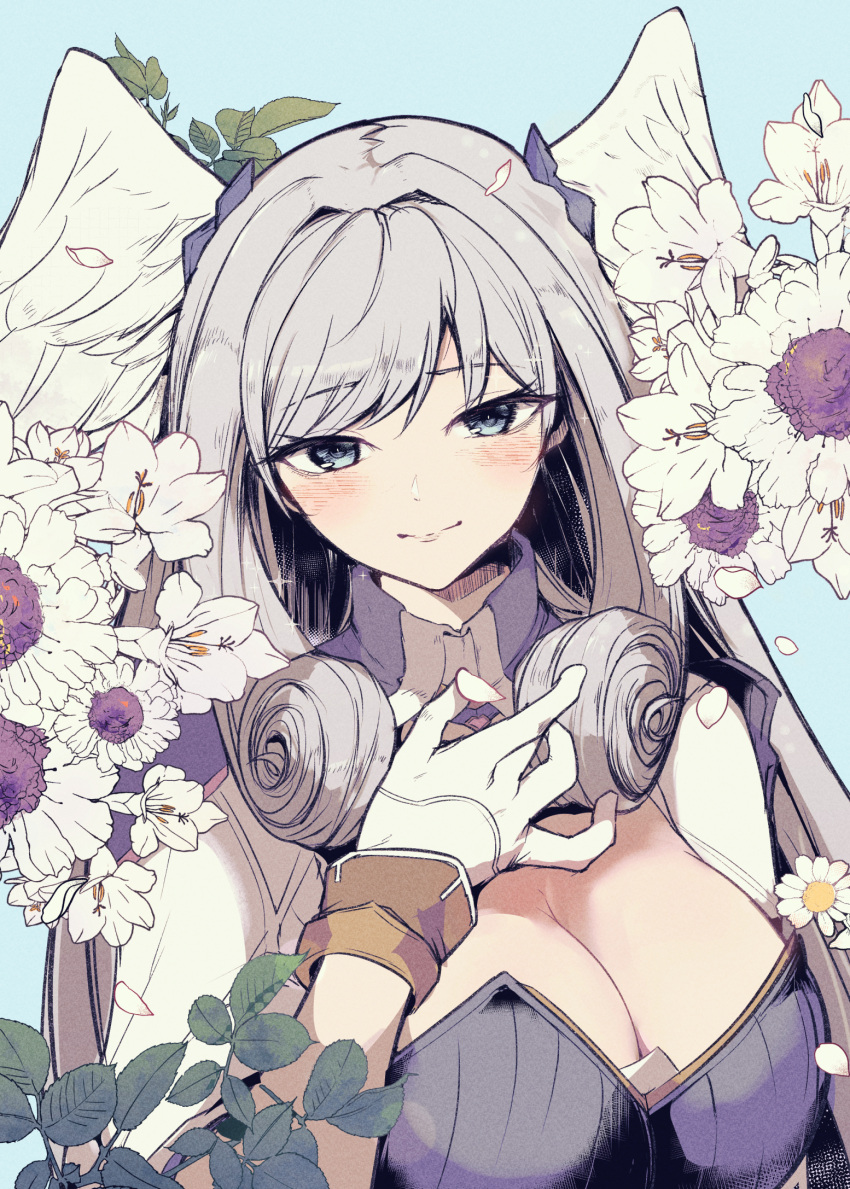 1girl blue_background blue_eyes blush breasts cleavage commentary_request curly_hair detached_collar feathered_wings flower gloves grey_hair head_wings highres large_breasts leaf long_hair looking_at_viewer melia_antiqua plant smile solo upper_body white_flower wings xenoblade_chronicles_(series) xenoblade_chronicles_3 yatai_(ya2taic)