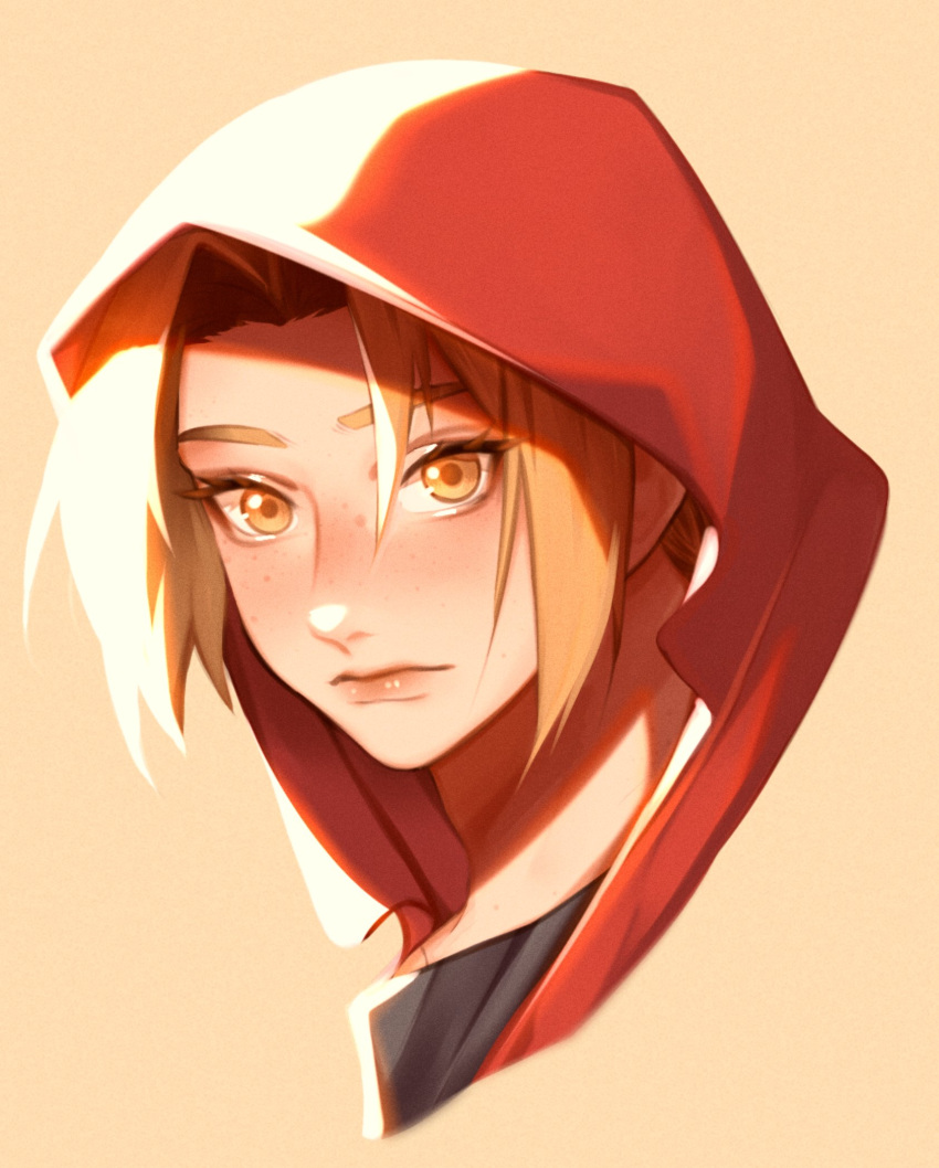 1boy aiphelix blonde_hair closed_mouth coat edward_elric freckles fullmetal_alchemist highres hood hood_up long_hair male_focus portrait red_coat simple_background solo yellow_background yellow_eyes