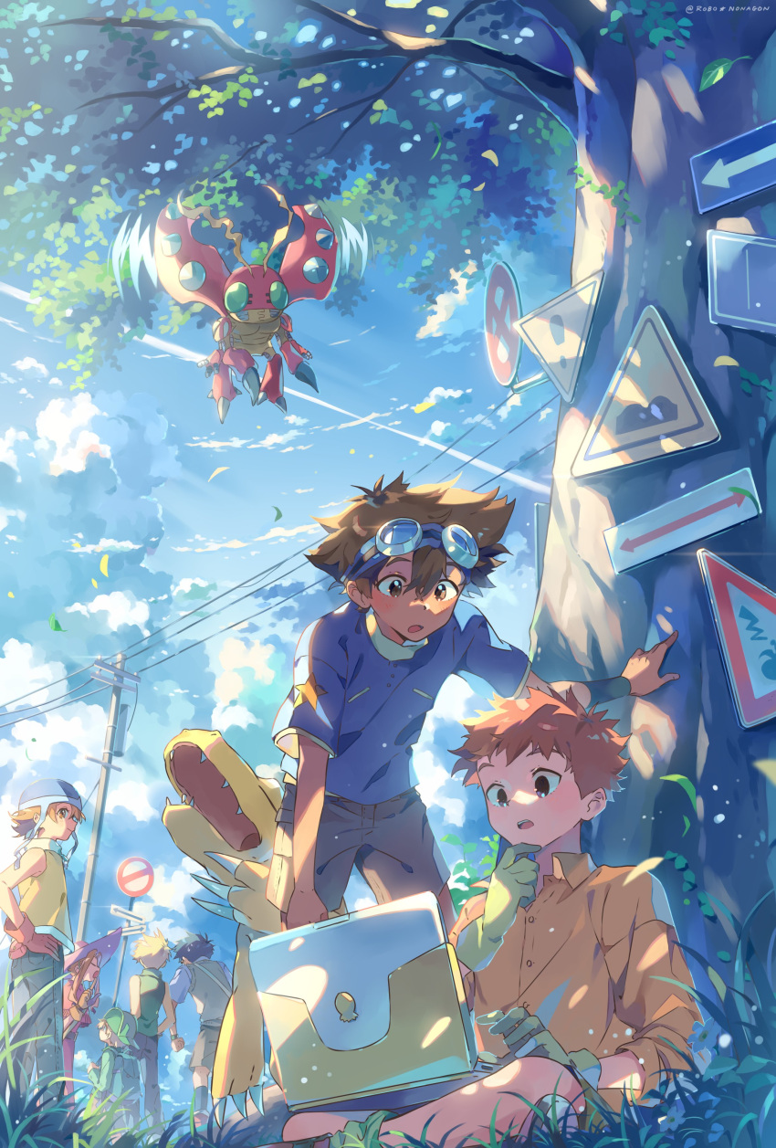 2girls 5boys absurdres agumon blonde_hair blue_shirt brown_eyes brown_hair closed_eyes cloud collared_shirt computer day digimon digimon_(creature) glasses gloves goggles goggles_on_head grass green_gloves hands_on_own_hips hat highres ishida_yamato izumi_koushirou kido_jou laptop looking_at_another multiple_boys multiple_girls open_mouth outdoors power_lines red_gloves road_sign robo_nonagon shirt short_hair sign sitting sleeveless tachikawa_mimi takaishi_takeru takenouchi_sora tentomon tree utility_pole yagami_taichi yellow_shirt