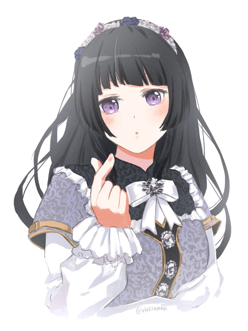 1girl bang_dream! black_hair bow character_request commentary_request dress flower flower_on_head gold_trim highres index_finger_raised long_hair looking_at_viewer puffy_sleeves purple_eyes signature white_background white_bow white_headdress xin_(blueramen)
