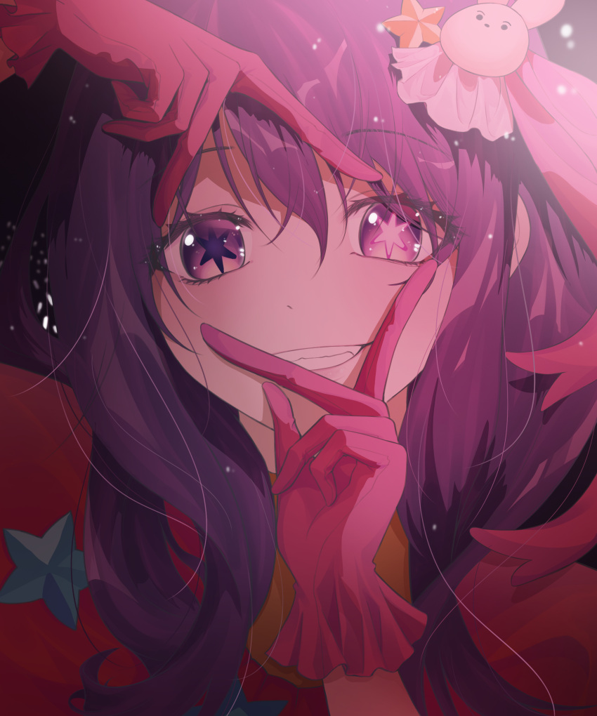 1girl absurdres bright_pupils close-up gloves grin hair_between_eyes hair_ornament hands_up heterochromia highres hoshino_ai_(oshi_no_ko) light_particles long_hair looking_at_viewer oshi_no_ko pink_eyes pink_gloves portrait purple_eyes purple_hair rabbit_hair_ornament smile solo star-shaped_pupils star_(symbol) symbol-shaped_pupils user_xckt2334 v_over_head v_over_mouth white_pupils