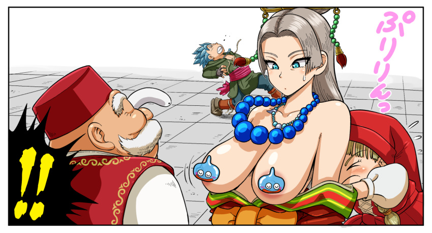 ! !! &gt;_&lt; 2boys 2girls areola_slip bare_shoulders bead_necklace beads black_border blonde_hair blue_eyes blue_hair border breasts breasts_out bulging_eyes camus_(dq11) censored clenched_teeth closed_eyes collarbone commentary_request dragon_quest dragon_quest_xi earrings eyelashes facial_hair forehead grey_hair highres jewelry large_breasts long_hair looking_down mature_female metal_man10 multiple_boys multiple_girls mustache necklace nima_daishi novelty_censor off_shoulder old old_man puffy_short_sleeves puffy_sleeves pushing red_headwear row_(dq11) sagging_breasts short_sleeves sidelocks spiked_hair teeth upper_body veronica_(dq11) wardrobe_malfunction