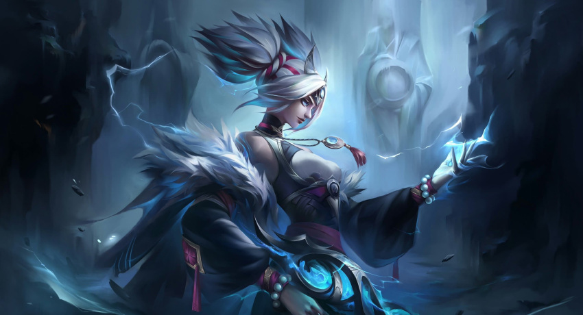 1girl amekoi bare_shoulders bead_bracelet beads bracelet breasts cowboy_shot from_side fur-trimmed_jacket fur_trim grey_eyes hand_up highres jacket jewelry league_of_legends long_sleeves magic medium_breasts solo statue zeri_(league_of_legends)