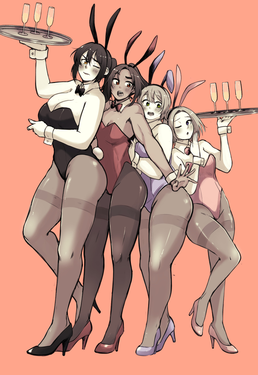 4girls absurdres akiosketch animal_ears black_bow black_footwear black_hair black_leotard bow bowtie breasts brown_eyes brown_hair brown_pantyhose cleavage closed_mouth cup drinking_glass earrings fake_animal_ears fake_tail green_hair high_heels highres holding holding_tray jewelry large_breasts leotard limited_palette lips medium_breasts mole mole_under_eye multiple_girls one_eye_closed open_mouth original pantyhose parted_lips purple_eyes purple_footwear purple_leotard rabbit_ears rabbit_tail red_bow red_bowtie red_footwear red_leotard short_hair stud_earrings tail thighband_pantyhose tray wine_glass wrist_cuffs