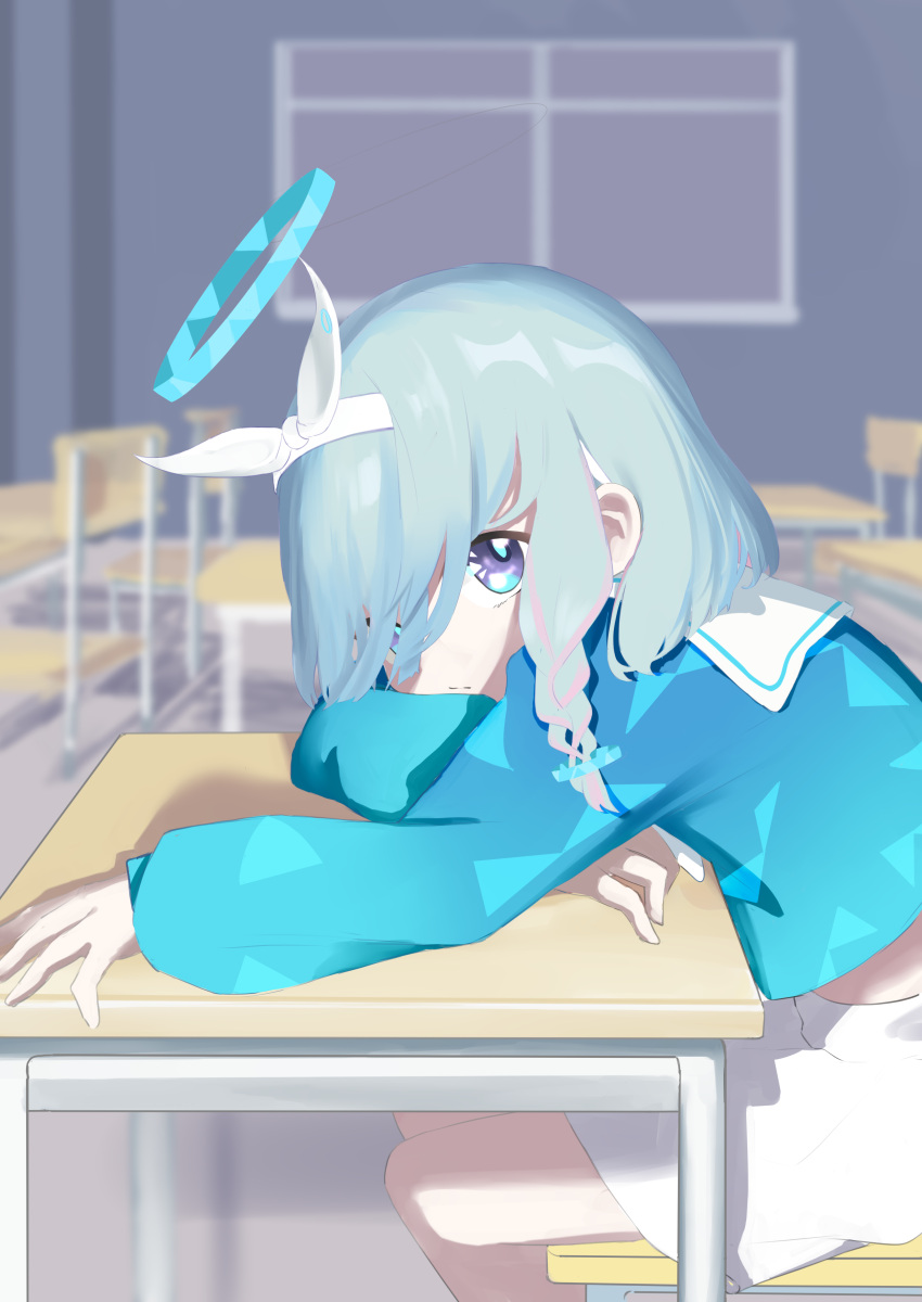 1girl absurdres arona_(blue_archive) blue_archive blue_eyes blue_hair blurry braid chair child classroom closed_mouth depth_of_field desk hair_over_one_eye hairband halo highres indoors long_sleeves on_chair on_desk preamy_kyuushi school_chair school_desk shirt short_hair side_braid sitting table white_shirt