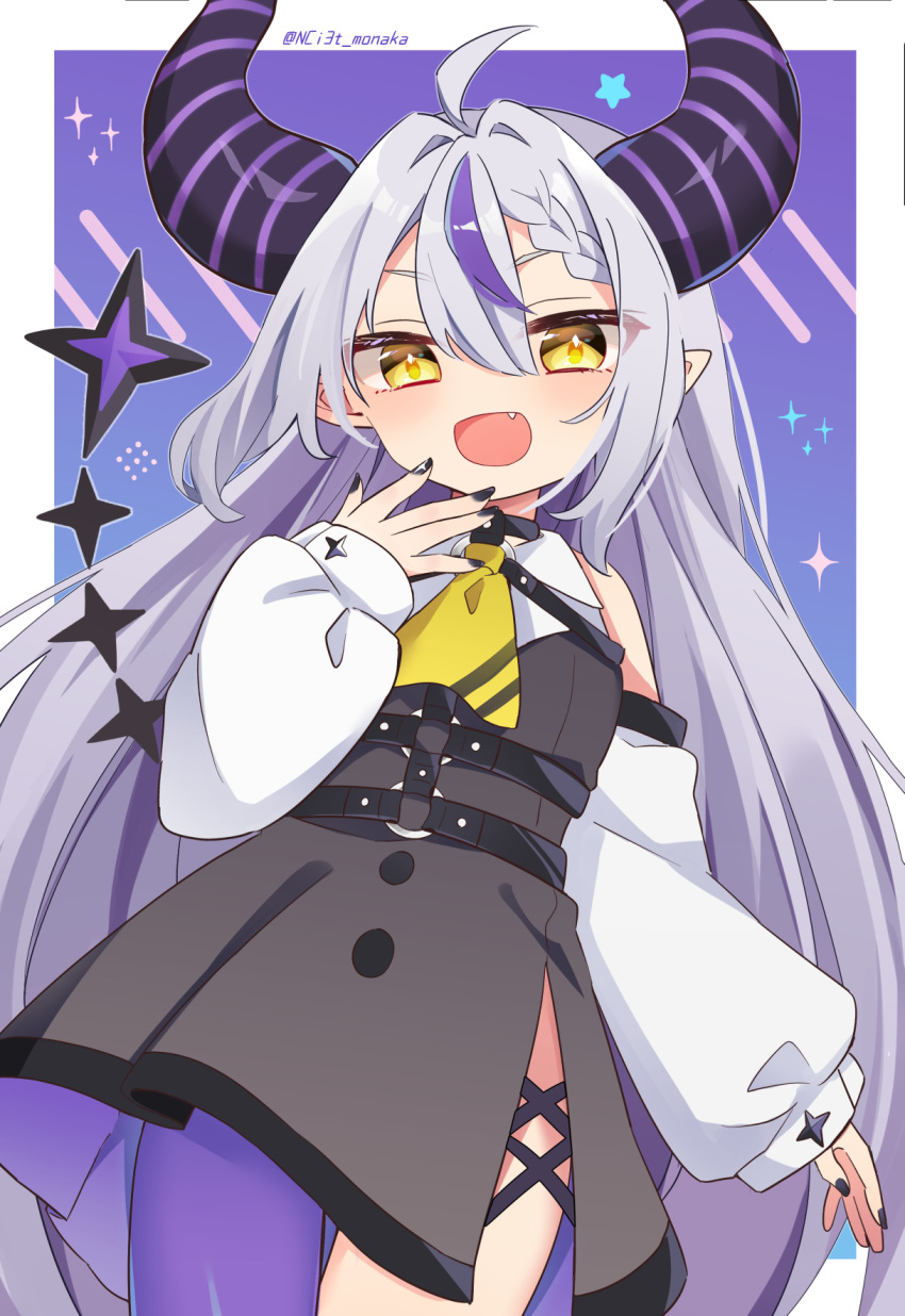 1girl ahoge ascot black_horns black_nails braid braided_bangs fang grey_hair highres hololive horns la+_darknesss la+_darknesss_(1st_costume) long_hair multicolored_hair naka open_mouth pointy_ears purple_hair streaked_hair striped_horns virtual_youtuber yellow_ascot