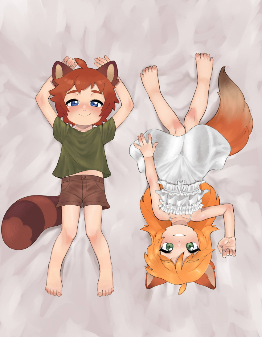 absurd_res animal_humanoid blonde_hair bottomwear brown_bottomwear brown_clothing brown_shorts canid canine chiaki_(tiberiusponificus) clothing dakimakura_pose dress duo female fox fox_tail green_clothing green_eyes green_shirt green_topwear hair hi_res humanoid male mammal mikan_(tiberiusponificus) raccoon_dog shirt shorts tanuki tanuki_tail topwear white_clothing white_dress yokappa