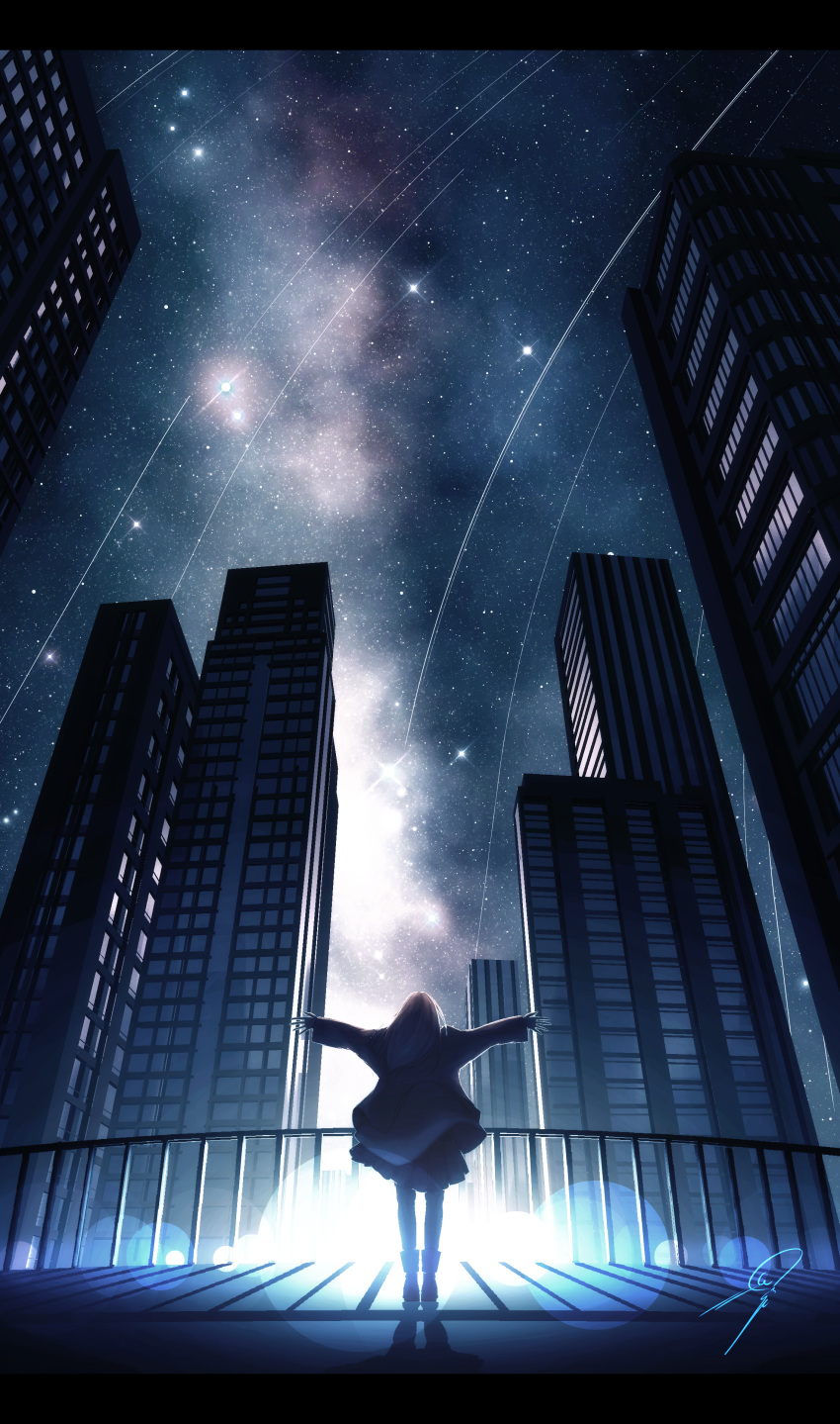 1girl absurdres building city city_lights coat commentary_request facing_away fisheye from_behind highres letterboxed long_hair meteor_shower milky_way nengoro night night_sky original outdoors outstretched_arms pleated_skirt railing scenery signature skirt sky skyscraper solo spread_arms standing star_(sky) starry_sky