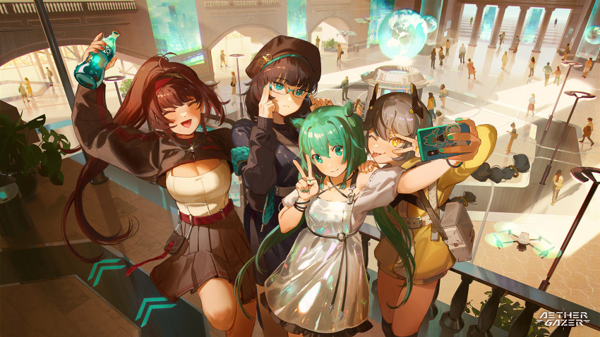 4girls adjusting_eyewear aether_gazer ahoge arm_up bag balcony beret black_hair blush bottle braid breasts brown_hair character_request cleavage closed_eyes commentary copyright_name dress fringe_trim glasses green_eyes green_hair grey_hair group_picture hairband hat high_ponytail highres holding holding_bottle long_hair looking_at_phone low_twintails multiple_girls nail_polish official_art one_eye_closed open_mouth osiris_(aether_gazer) phone pixiescout pleated_skirt short_hair shoulder_bag skirt smile standing tongue tongue_out twintails verthandi_(aether_gazer) very_long_hair white_dress yellow_eyes yostar