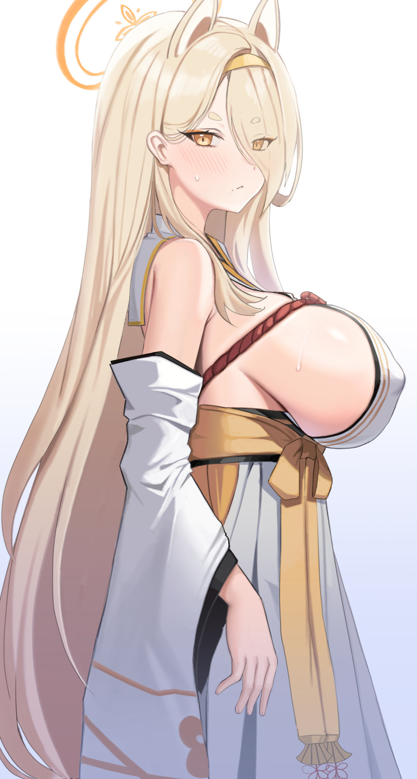 1girl absurdres animal_ears bare_shoulders blonde_hair blue_archive blush breasts detached_sleeves fox_ears hair_over_one_eye hairband halo highres huge_breasts japanese_clothes kaho_(blue_archive) kimono long_hair looking_at_viewer mole mole_under_mouth sideboob simple_background solo sweat thick_eyebrows tongtangtong white_kimono wide_sleeves yellow_eyes