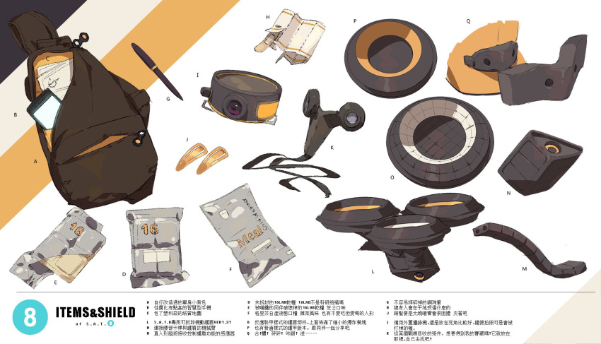 backpack bag bandaid brown_bag cellphone character_name chinese_commentary chinese_text commentary_request concept_art equipment_layout field_ration girls'_frontline hair_ornament hairclip highres multiple_views nin_(lion) no_humans object_request official_art paper pen phone reference_sheet s.a.t.8_(girls'_frontline) shield smartphone translation_request white_background
