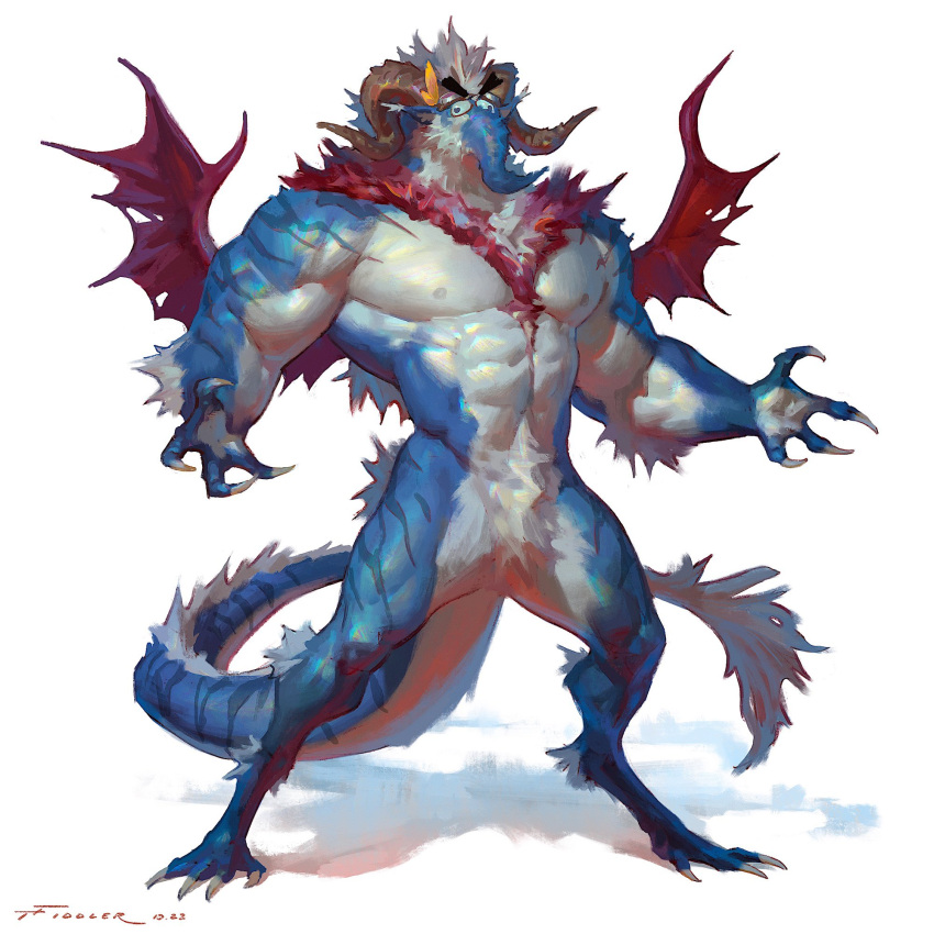 2023 abs anthro arm_tuft barazoku biceps biped crotch_tuft digital_media_(artwork) dragon elbow_tuft eyebrows fangs fur hi_res horn male membrane_(anatomy) membranous_wings muscular muscular_anthro muscular_male muscular_thighs nipples nude pecs pose quads simple_background solo squirmle tail taran_fiddler teeth thick_thighs tuft white_background wings