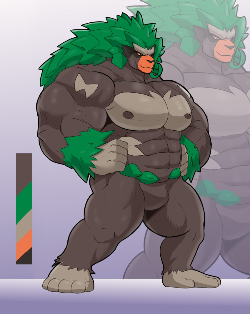 abs anthro ape arm_tuft biceps big_arms big_biceps big_body big_muscles big_pecs body_tuft brown_body brown_fur brown_hair featureless_crotch feet fur generation_8_pokemon gorilla green_hair hair haplorhine hi_res humanoid_pointy_ears leg_tuft long_hair looking_at_viewer male mammal multicolored_body muscular muscular_legs nintendo nipples orange_eyes orange_mouth palette pecs pokemon pokemon_(species) pose primate rillaboom serratus solo triceps tuft valentinesartx