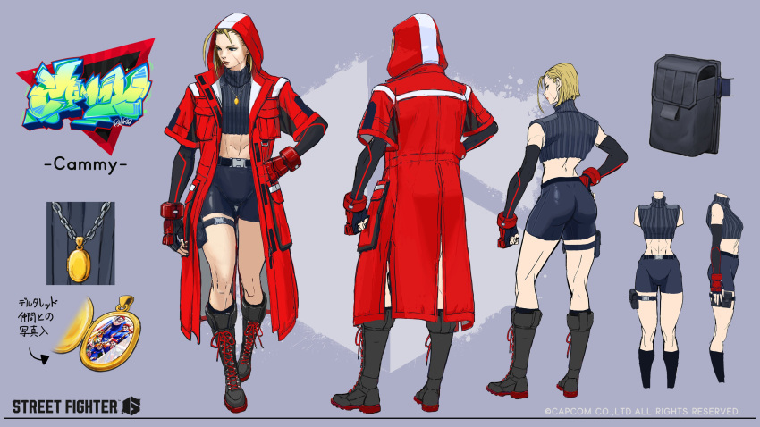 1girl abs absurdres blonde_hair buckle cammy_white capcom highres hood hoodie jewelry locket necklace official_alternate_costume official_art pendant pocket simple_background street_fighter street_fighter_6 toned trench_coat