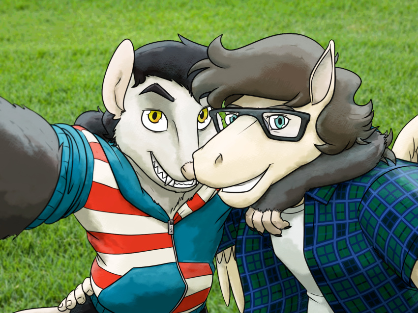 2023 american_opossum anthro black_hair brown_hair clothed clothed_anthro clothing digital_drawing_(artwork) digital_media_(artwork) duo embrace equid equine eyewear fingerless_(marking) fur glasses gloves_(marking) grass green_eyes grey_body grey_fur hair happy hi_res hug humanoid kymsnowman male mammal markings marsupial pattern_clothing pegasus plant selfie smile smiling_at_viewer striped_clothing stripes tan_body tan_fur virginia_opossum wings yellow_eyes