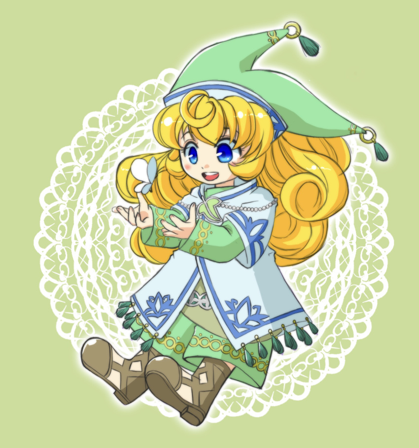 1girl blonde_hair blue_eyes blush boots brown_footwear bug butterfly charlotte_(seiken_densetsu_3) curly_hair green_headwear hat hat_tassel highres jester_cap long_hair namine_mahana open_mouth seiken_densetsu seiken_densetsu_3 solo teeth upper_teeth_only white_butterfly