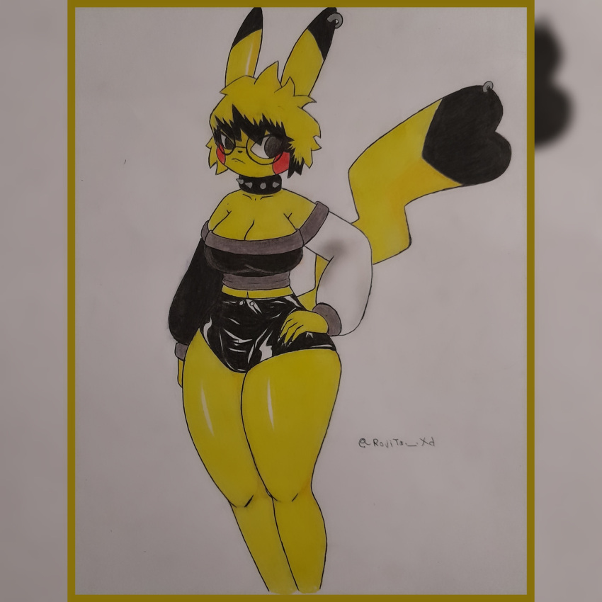 1:1 akavaps(artist) anthro big_breasts breasts ear_piercing female furgonomics furry-specific_piercing game_freak generation_1_pokemon hair hi_res human human_on_anthro interspecies mammal mouse murid murine nintendo piercing pikachu pokemon pokemon_(species) rodent solo standing tail tail_piercing