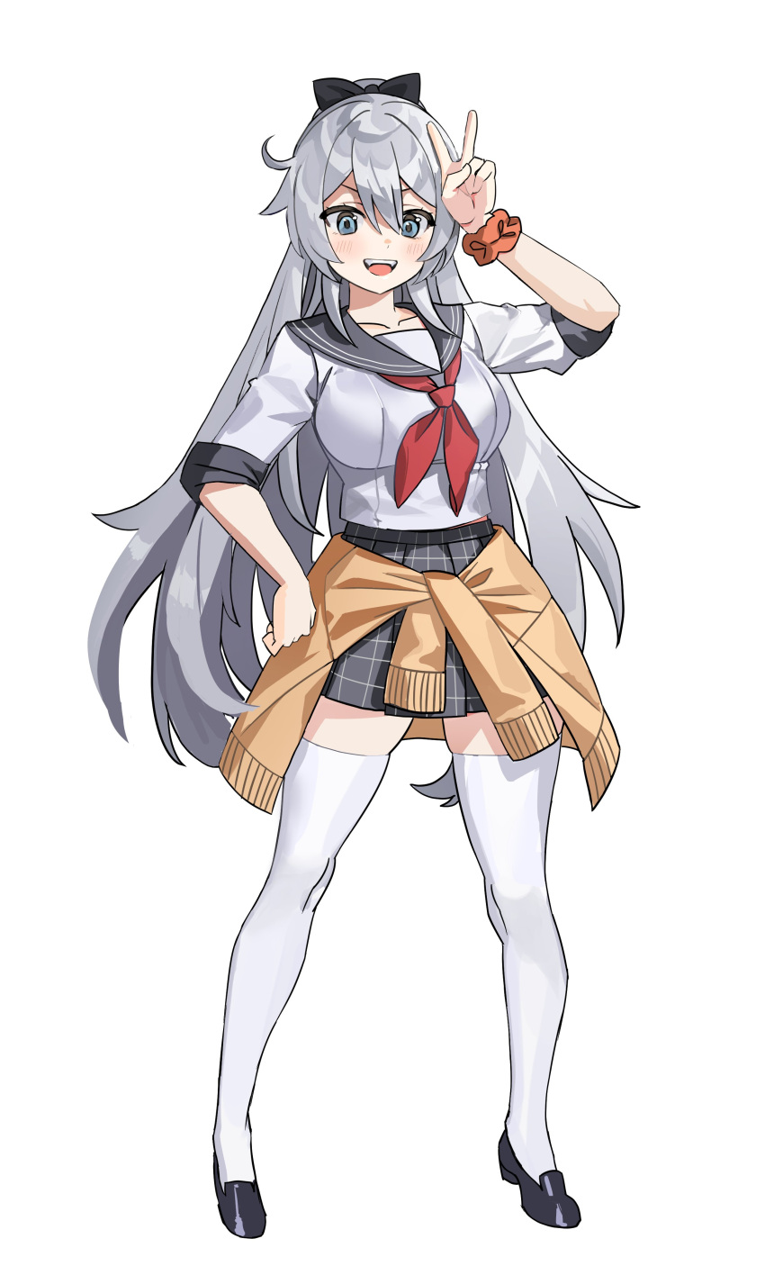 1girl absurdres black_footwear black_ribbon breasts brown_jacket character_request clothes_around_waist commentary_request full_body grey_eyes grey_hair grey_sailor_collar grey_skirt hair_ribbon highres honkai_(series) honkai_impact_3rd jacket jacket_around_waist kiana_kaslana large_breasts loafers long_hair long_sleeves looking_at_viewer neckerchief orange_wristband plaid plaid_skirt pleated_skirt q2_qee ribbon sailor_collar school_uniform serafuku shoes simple_background skirt solo teeth thighhighs upper_teeth_only v very_long_hair white_background white_sleeves white_thighhighs wristband zettai_ryouiki